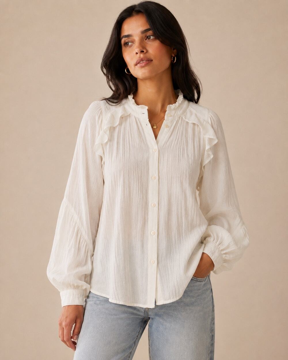H&M White Cotton Gauze Ruffle Button Down Blouse Size L NWT Boho Cottagecore